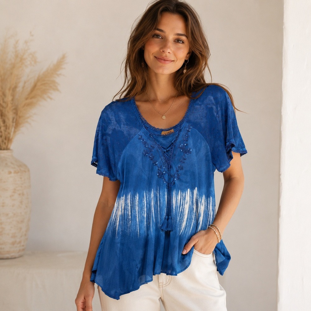 Sakkas Blue Boho Embroidered Sequin Lace Up Tie Dye Rayon Tunic Top Free Size